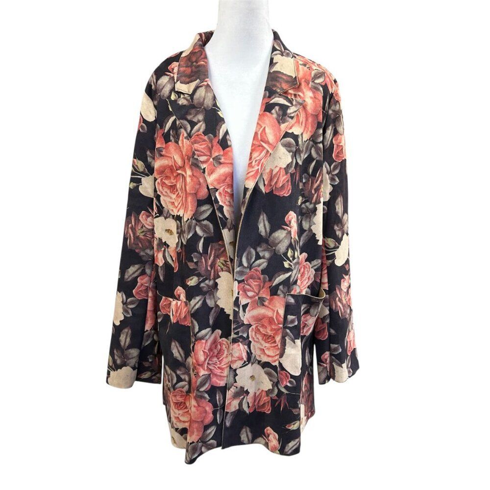 Solitaire Floral Jacket Faux Suede Open Front Cardigan Boho Pockets Size L